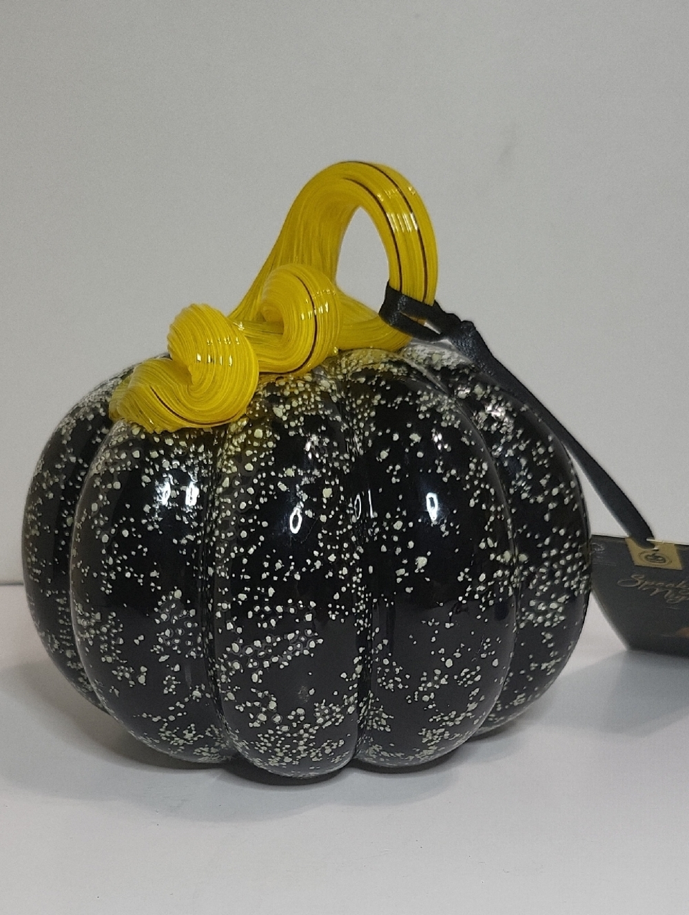 Decorative Glow In The Dark Black Glass Pumpkin with Yellow Stem - Picture 3 of 7